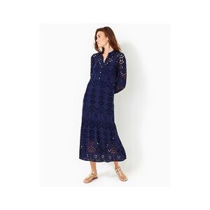Lilly Pulitzer Zia Long Sleeve Eyelet Midi Shirtdress True Navy Soriee Eyelet 2